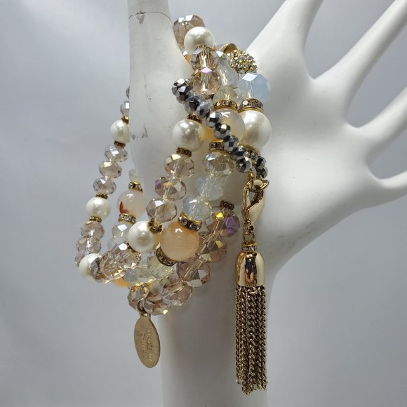 ALI KHAN glass beaded bracelet with rhinestone & pearl with tassel and gift box - Picture 1 of 7